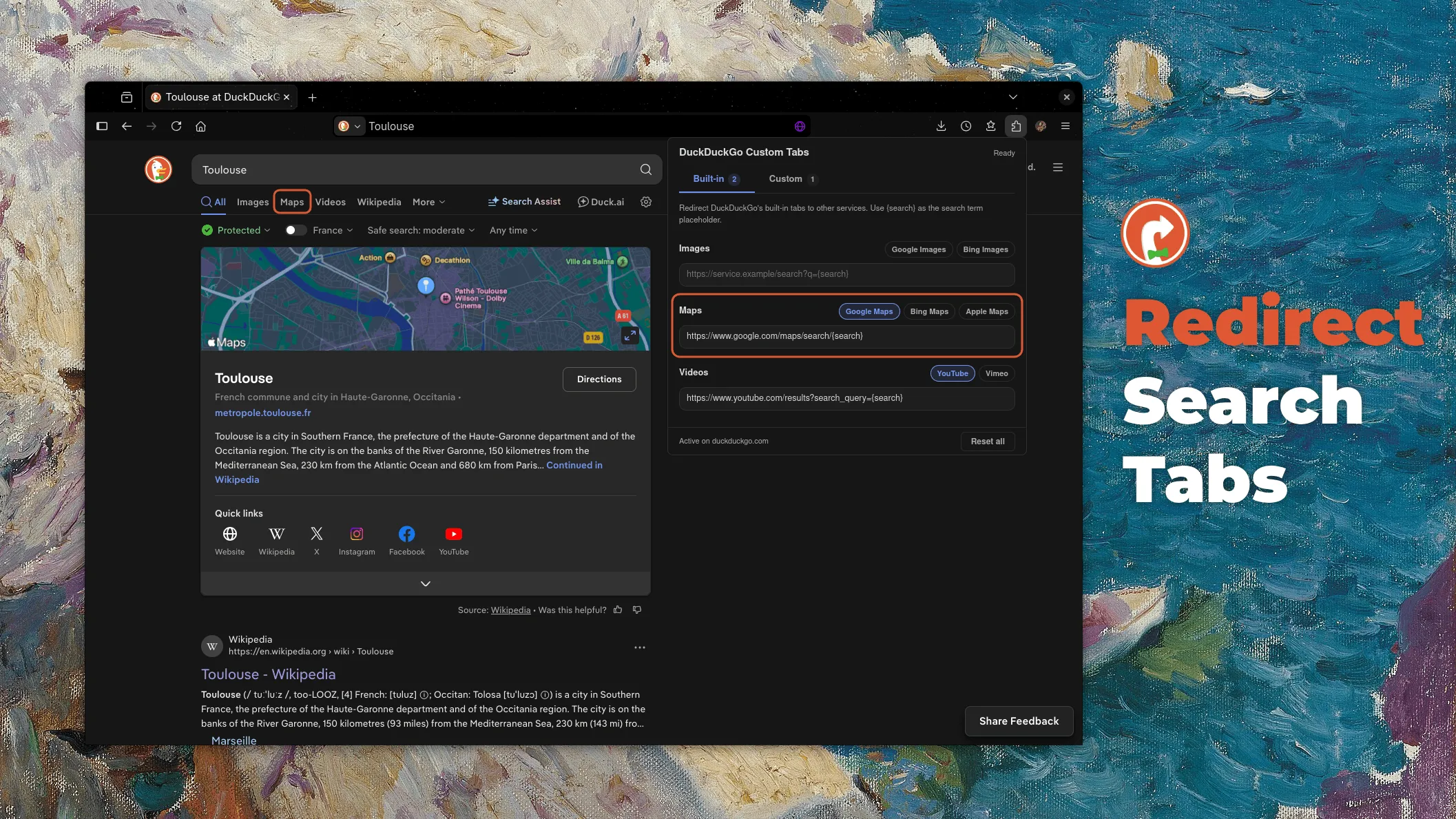 DuckDuckGo Custom Tabs : Redirection de l’onglet Maps vers Google Maps.