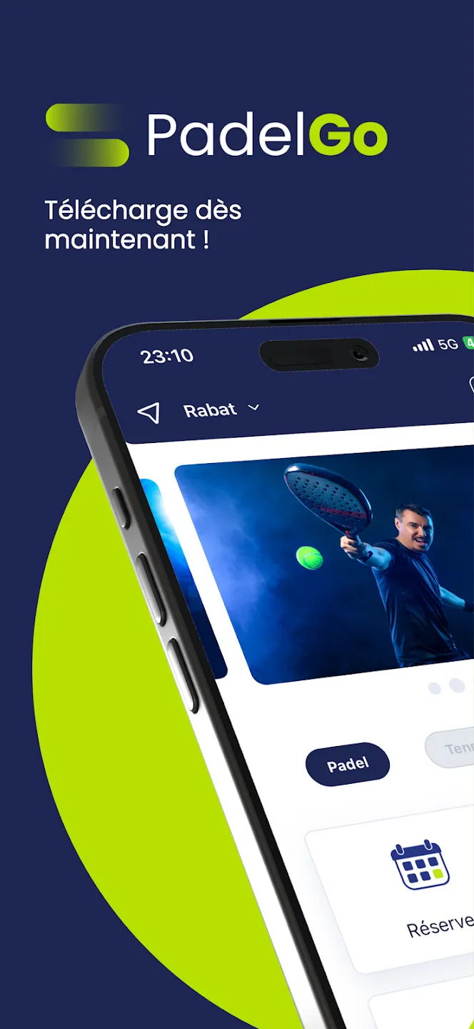 PadelGo : Écran d’accueil.