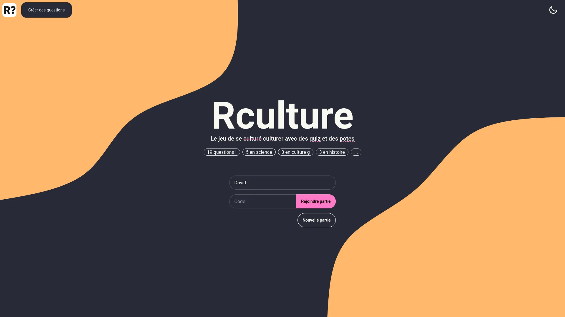 Rculture : Accueil : création d’une partie ou ajout à une partie existante.